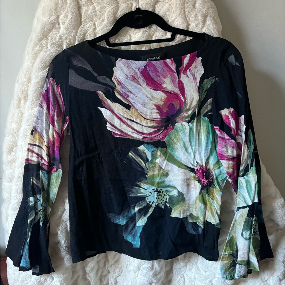 Vintage Floral Boat Neck Bell Sleeve Top - Karen Kane